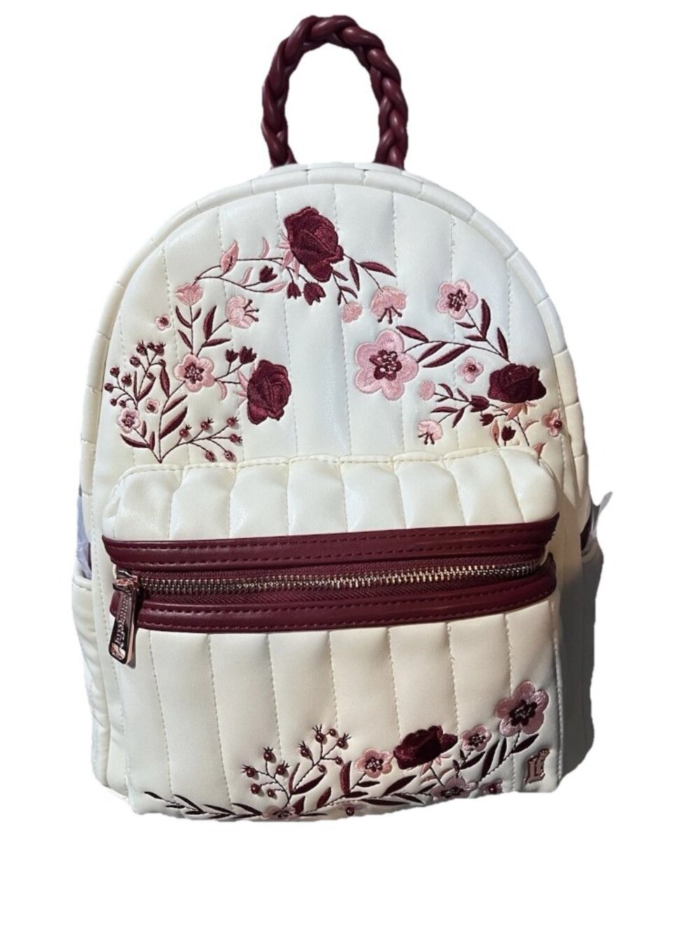 Loungefly Backpack Ivory Quilted Floral Embroidery Burgundy Accents NWT